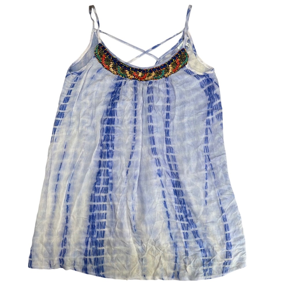 Blue Island Tank Top Women Size S Blue Tie Dye Beaded Neck Strappy Boho Cami